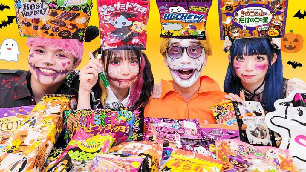 【大食い】コスプレハロウィンパーティー！頭の上のお菓子食べれるまで帰れません！！【対決】
