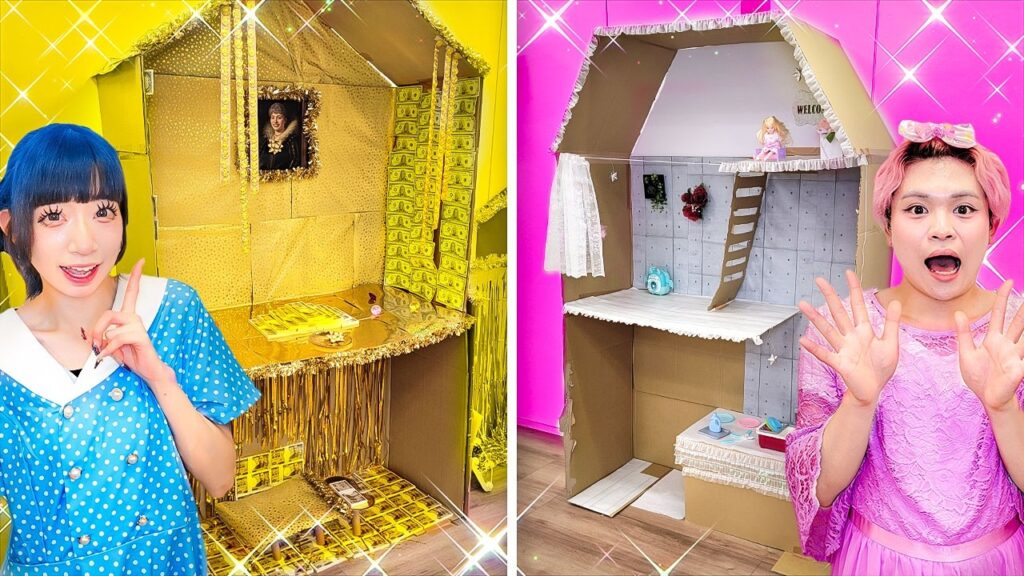 100均のモノだけで！ダンボールドールハウス作り対決やってみた！【DIY】